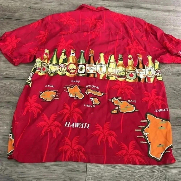 [L]Vintage Thums Up Hawaii Graphics Novelty Red Rayon  SS Beach Shirt - Picture 4 of 5
